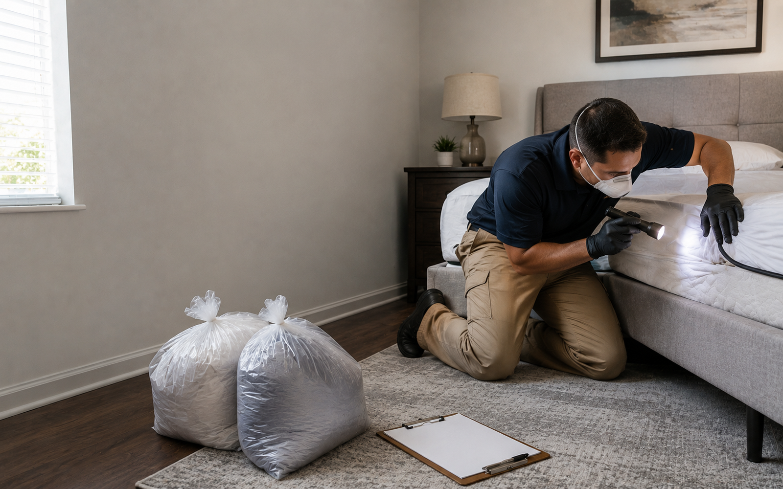 Careful bedroom inspection setup with sealed bags, flashlight, and pest-control checklist, no insects close-up, logos, or text.