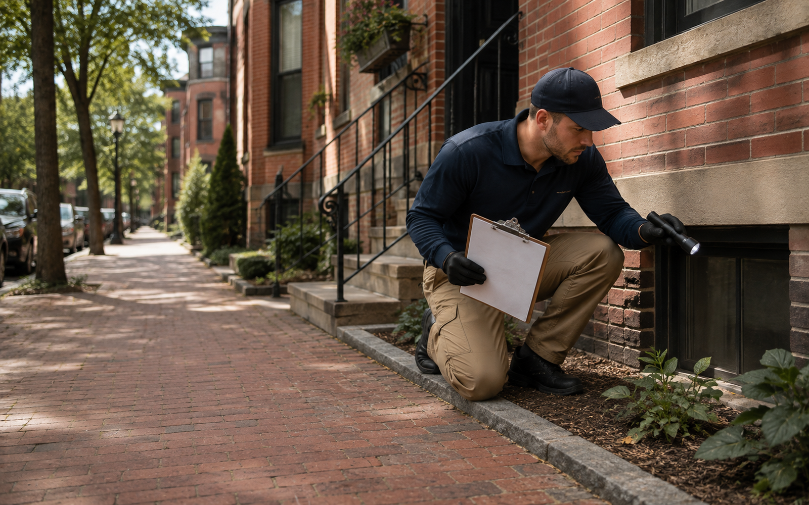 Boston residential pest-control planning scene with inspection checklist and safe treatment notes, no logos, rankings, or text.